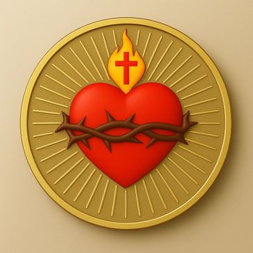 Sacred heart symbol with crown of thorns and flame on gold medallion.