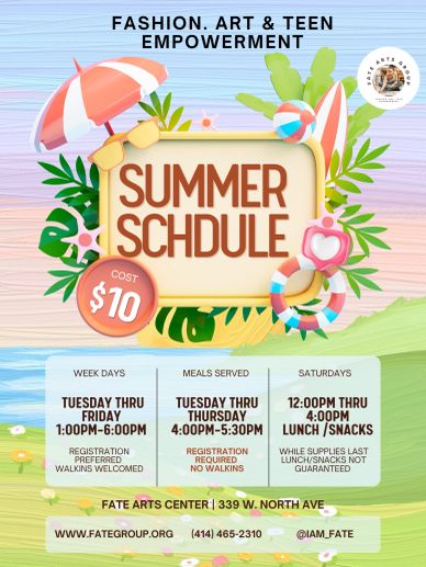 Colorful summer schedule flyer for fashion, art, and teen empowerment events.