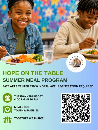 Two kids enjoying meals at a summer meal program with colorful background.