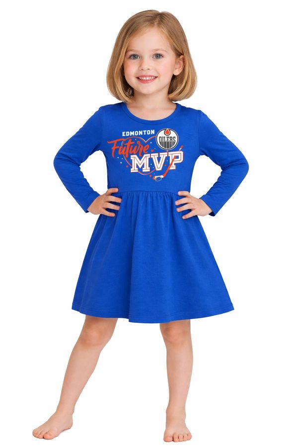 Young girl in a blue Edmonton Oilers dress with Future MVP text.