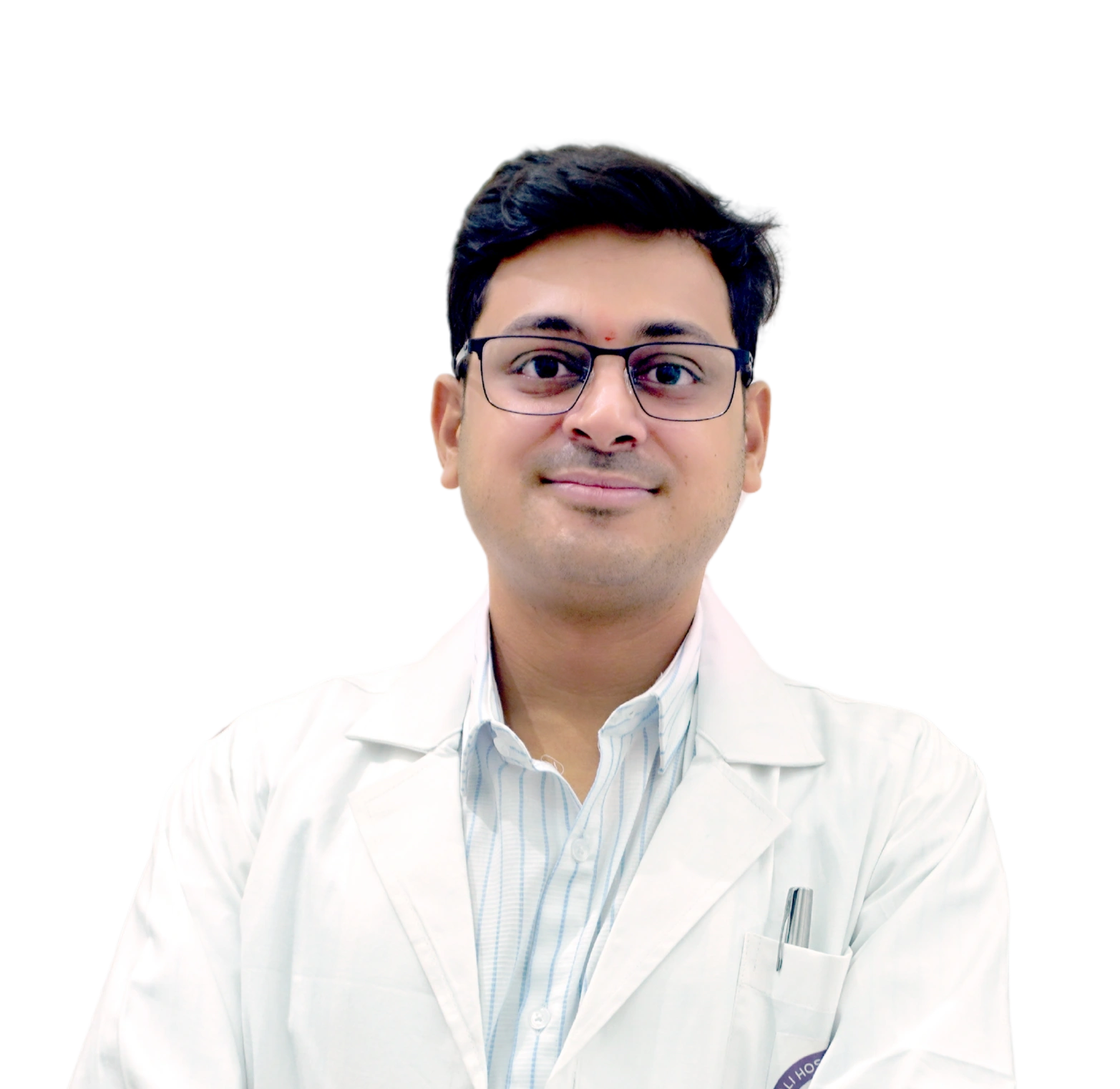 Smiling male doctor wearing glasses and white coat, posing confidently.