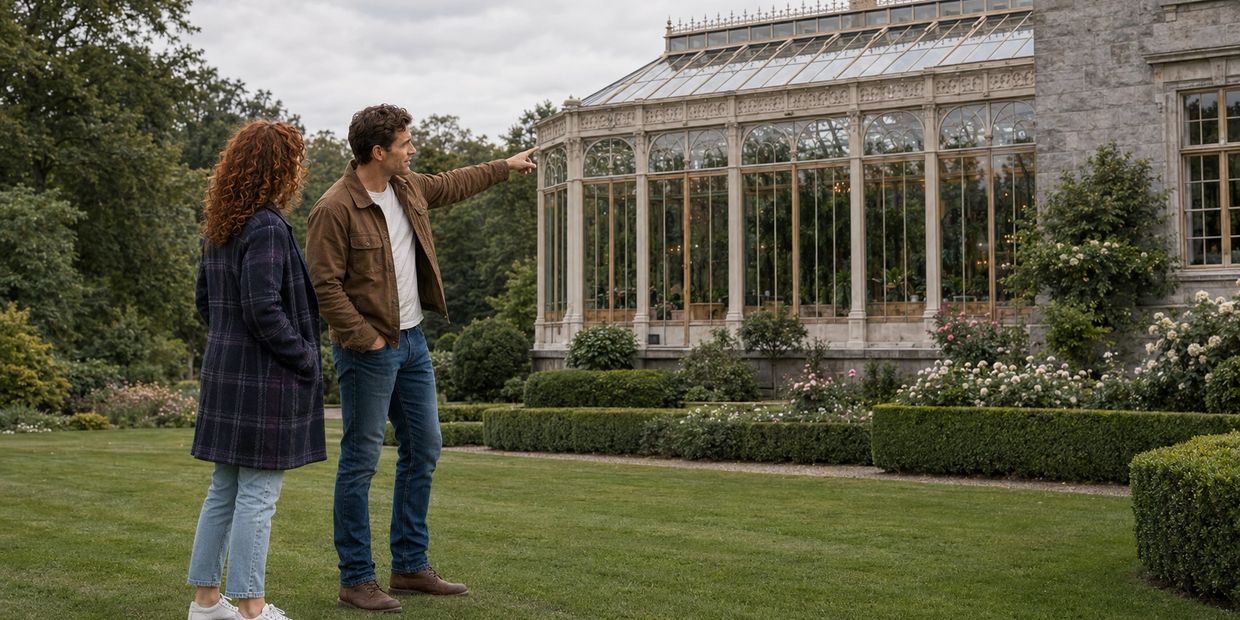 Couple admiring a large glass greenhouse in a garden.