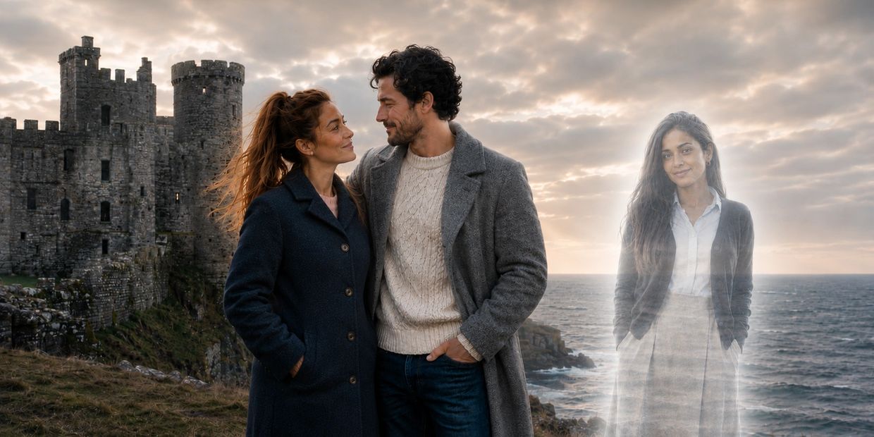 A couple stands lovingly by a castle with a ghostly figure beside them at sunset.