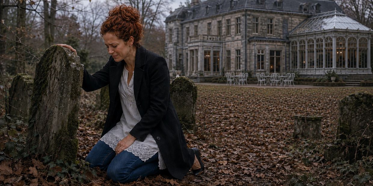 A woman mourns beside a weathered gravestone in a leaf-covered cemetery.
