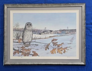 Painting of an owl on a branch in a snowy landscape.