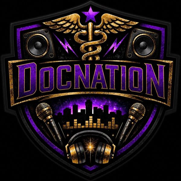 Doc Nation emblem with musical and medical elements.
