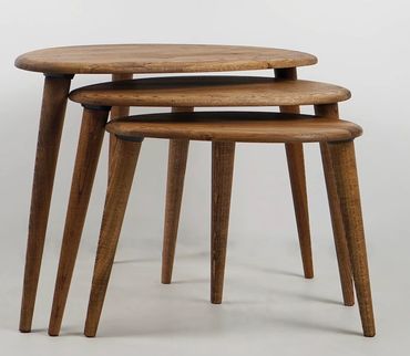 Nested wooden tables of varying sizes.