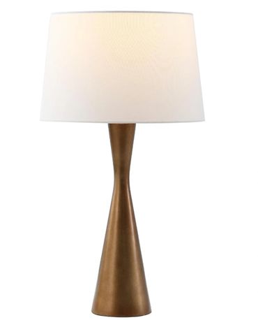 Modern table lamp with bronze base and white shade.