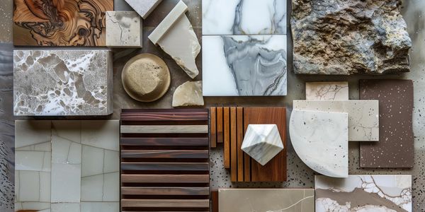 Various textured stone and wood samples arranged in a flat lay.