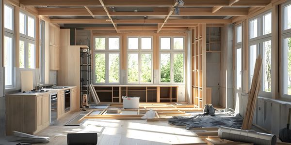 A spacious kitchen under renovation with large windows and wooden beams.