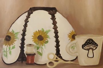 Still Life of a lampshade and some of my essentials. Done in oil 2019