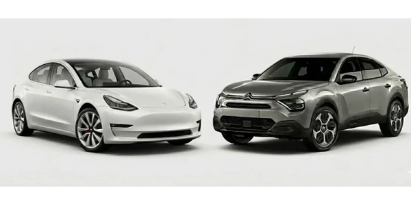 A white Tesla and a gray Citroën SUV side by side on a white background.