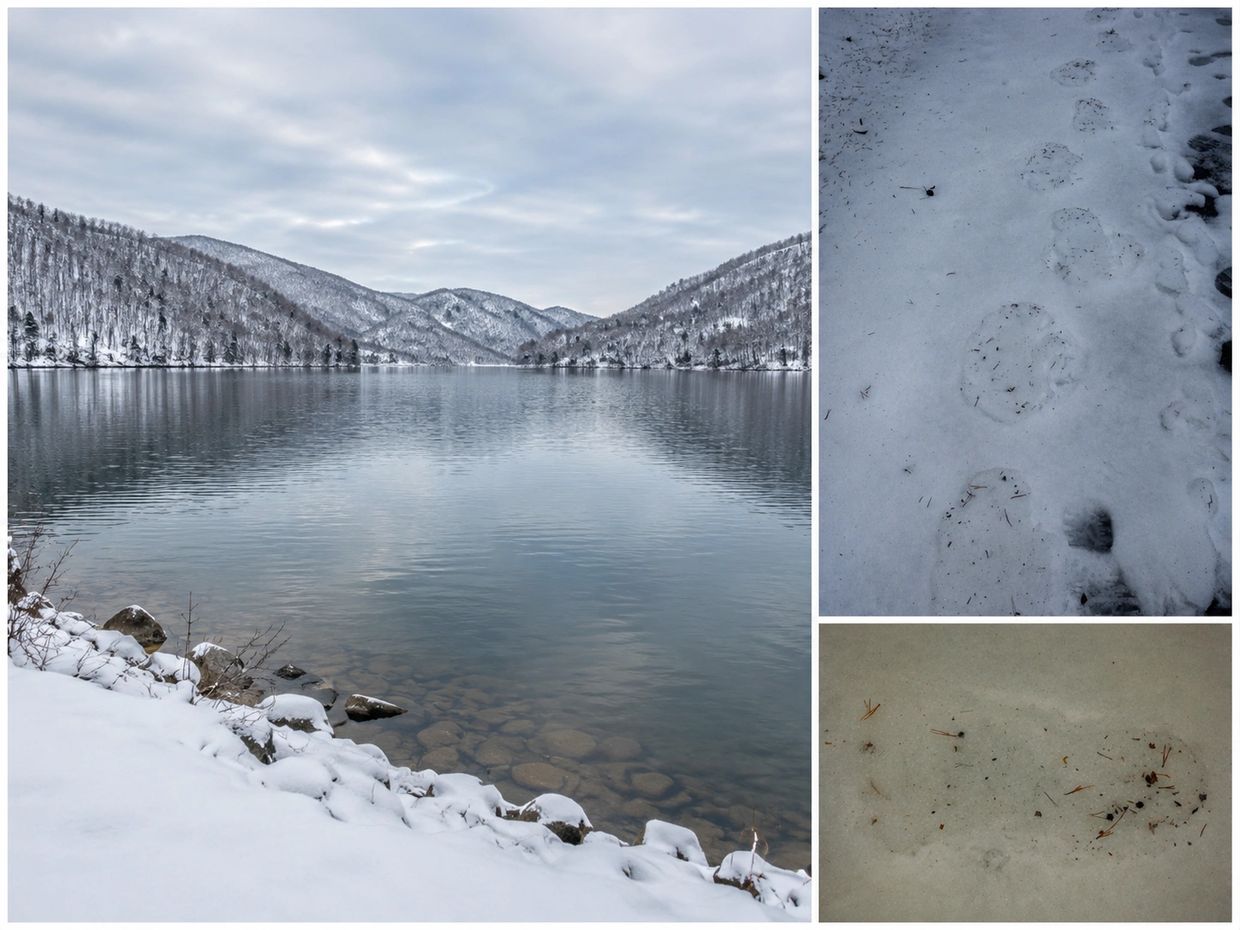 Snow-covered lake and animal tracks in the snow.