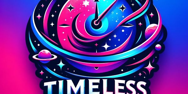 Vibrant cosmic clock with the word 'TIMELESS' beneath it.