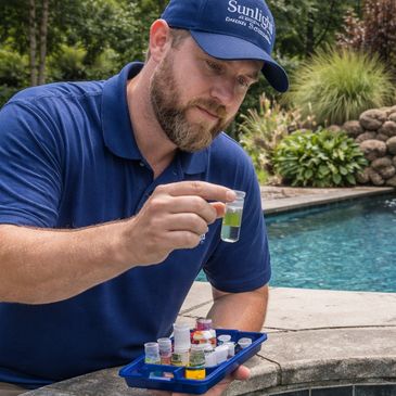 A man testing water quality samples by a pool and hot tub.