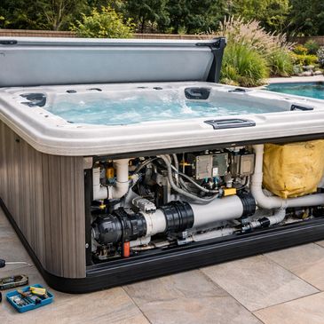 Hot tub with open panel showing internal plumbing and tools beside it.