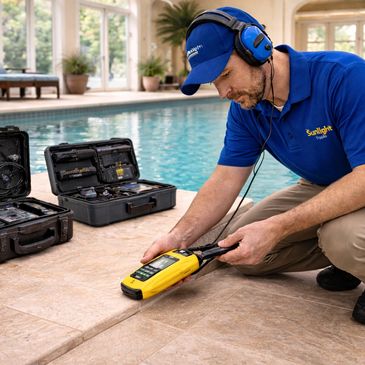 Technician testing pool water with electronic equipment by an indoor pool.