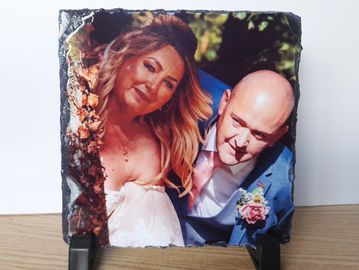 13cm x 13cm Colour or Black and White Slate Photo with Black Stands