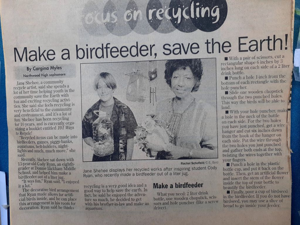 Solution2Pollution Featured in Shreveport Times - Focus on Recycling - Make a birdfeeder, save the E