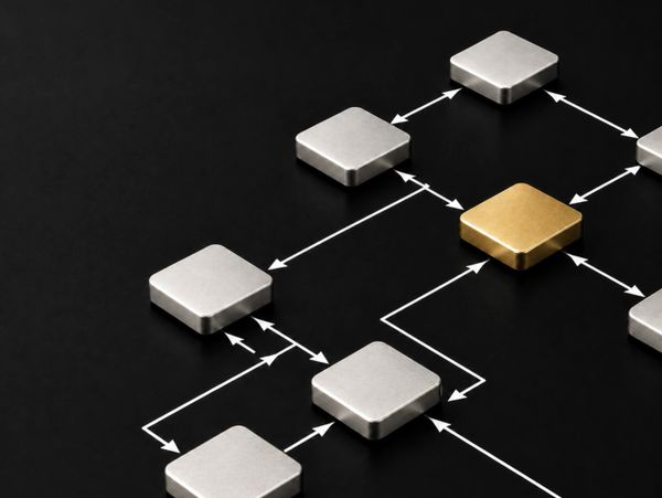 Metal squares connected by white arrows on black surface, one gold square stands out.