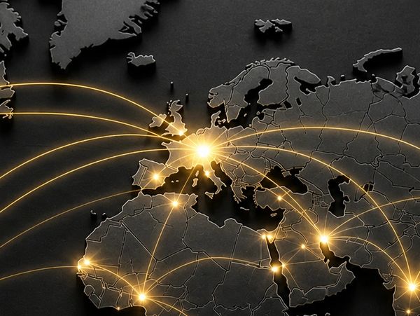 Glowing network connections radiate from Europe across surrounding continents on a dark map.