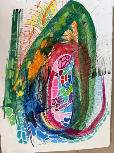 Colorful abstract painting with layered shapes and vibrant patterns.