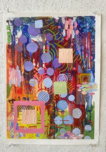 Colorful abstract painting with circles and geometric shapes on textured background.