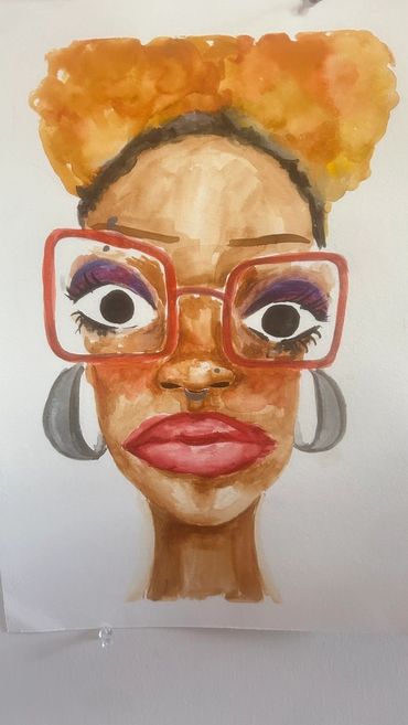 Watercolor portrait of a woman with large glasses and bold lips.