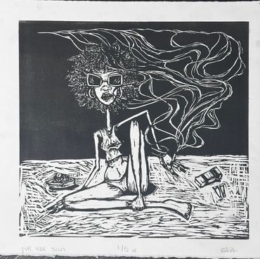 Black and white sketch of a stylish woman with sunglasses and curly hair, sitting with a flowing background.