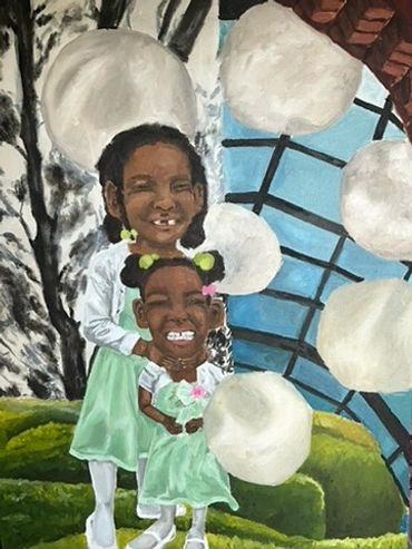Painting of two smiling girls in green dresses with large white orbs around them.