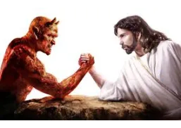 Jesus and a demon arm wrestling in a dramatic scene.