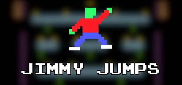 Pixelated character jumping in retro video game titled 'Jimmy Jumps'.