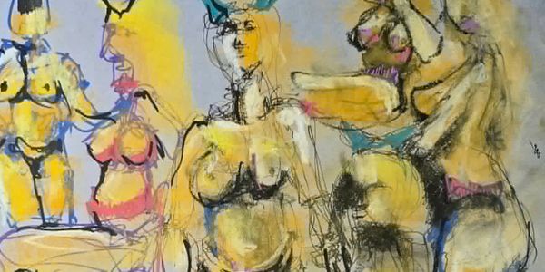Abstract sketch of multiple nude female figures in vibrant colors.