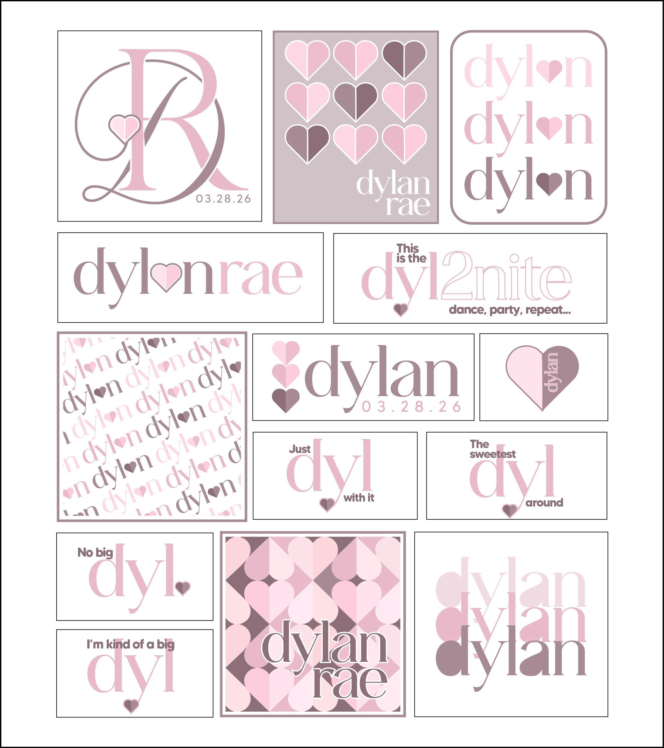 Collage of pink and mauve heart-themed designs with the name Dylan Rae and playful text.