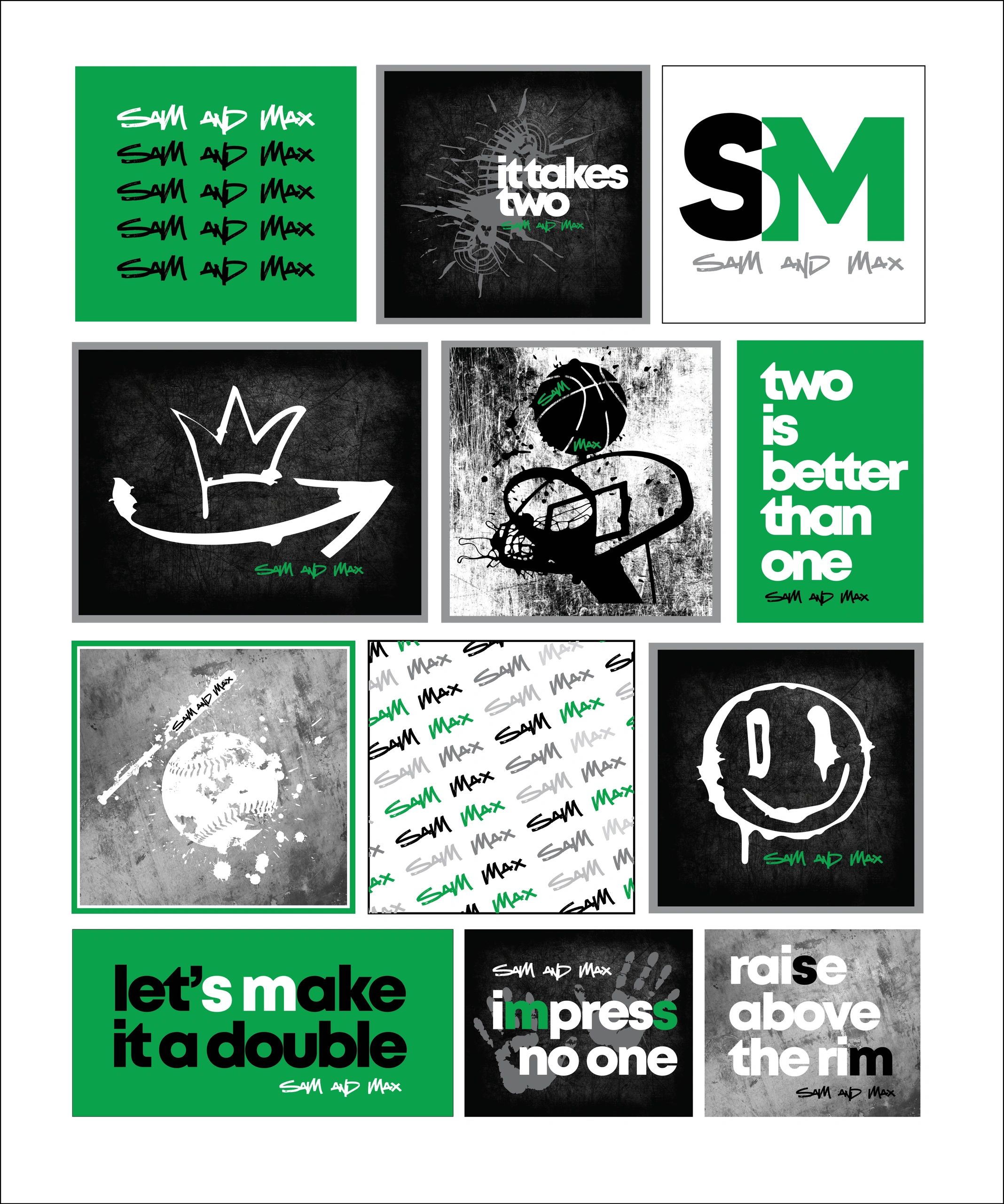 Collage of Sam and Max sports-themed motivational graphics in black, white, and green.