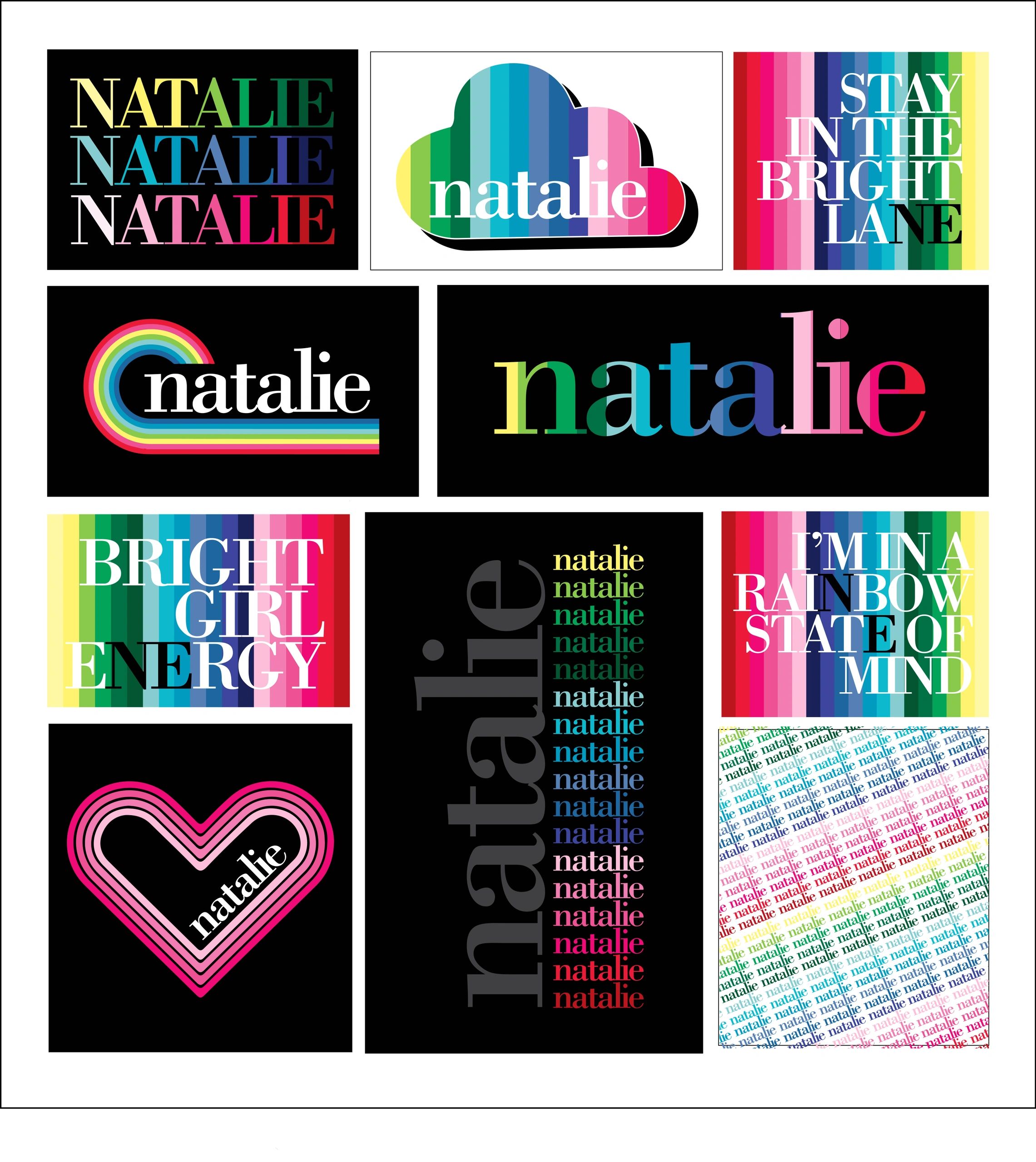 Colorful typography and rainbow-themed designs featuring the name Natalie and positive phrases.