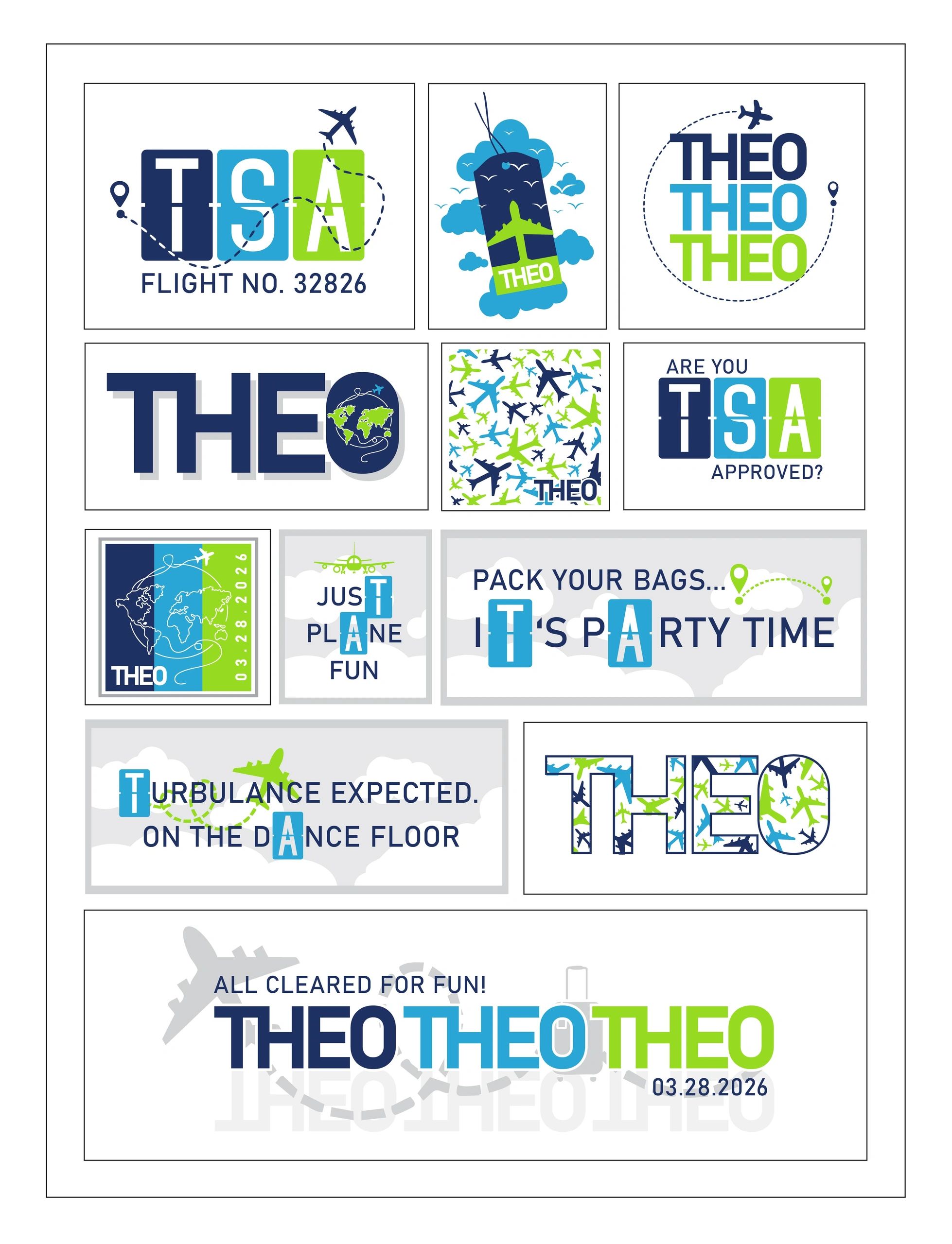 Travel-themed graphic designs featuring the name Theo and TSA references.