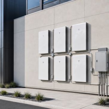 Six Tesla Powerwall units installed on a commercial building exterior.