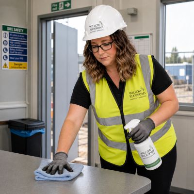 Woman in safety gear cleaning a surface with spray and cloth.