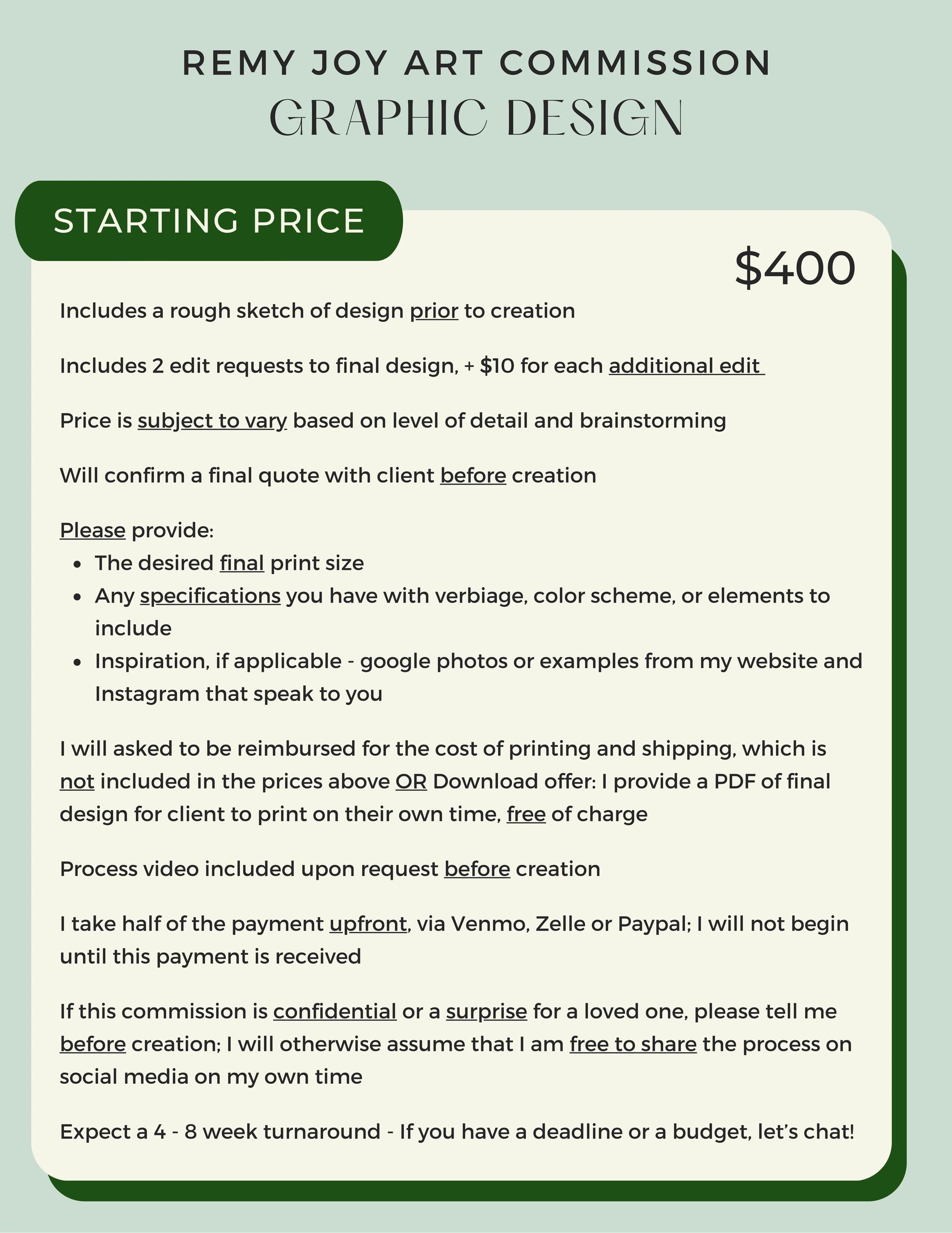 Pricing details for Remy Joy's graphic design commissions starting at $400.