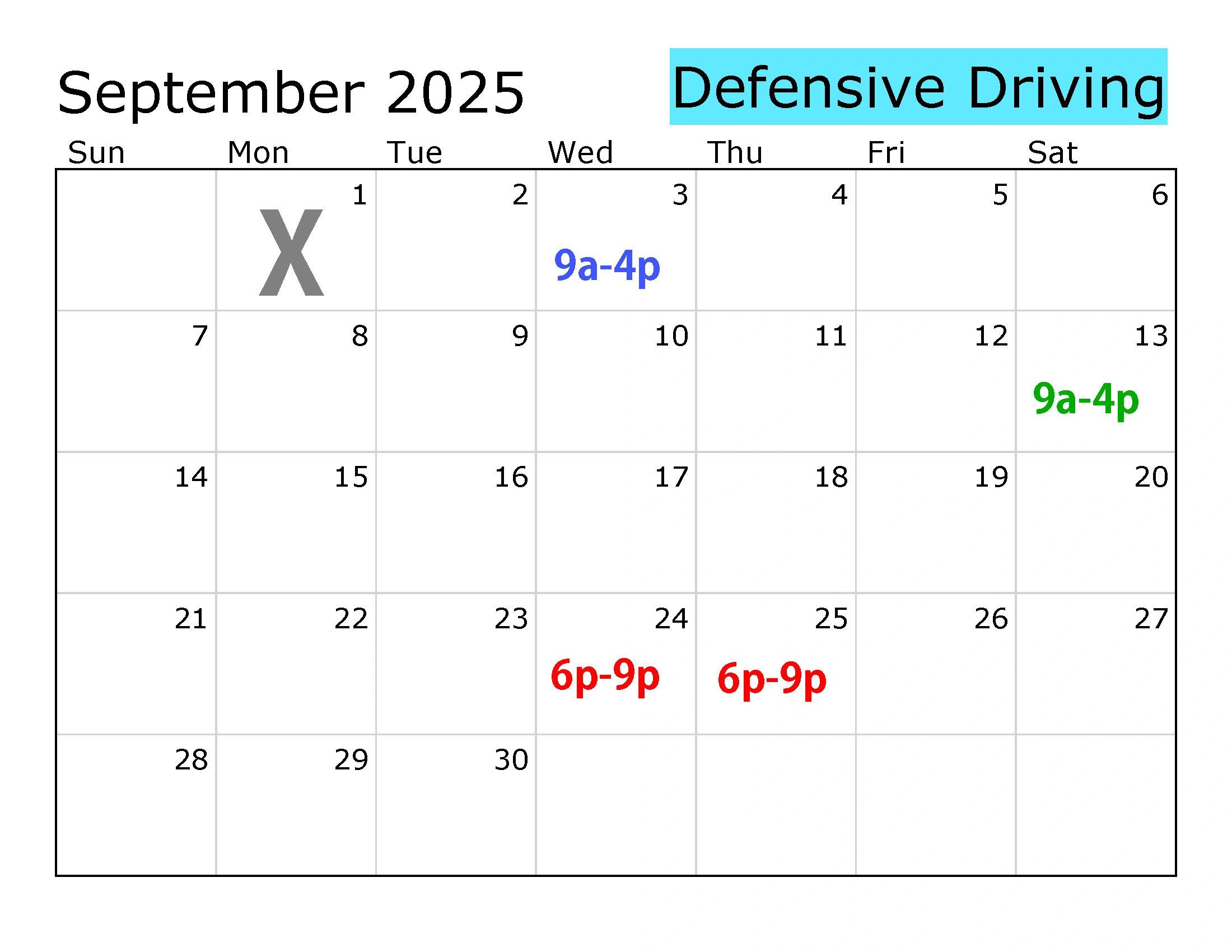 Defensive Driving / Driver Improvement Schedule - September