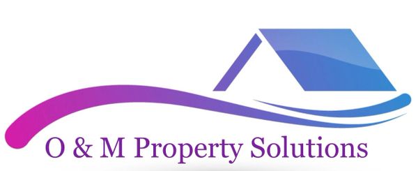 Logo of O &amp; M Property Solutions with a stylized house and wave design.