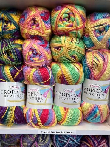 Kingcole Tropical beaches. 
£9.99 Each
Weight: DK
Ball Weigh:200g
Length: 510 metres
Blend: 30% Poly