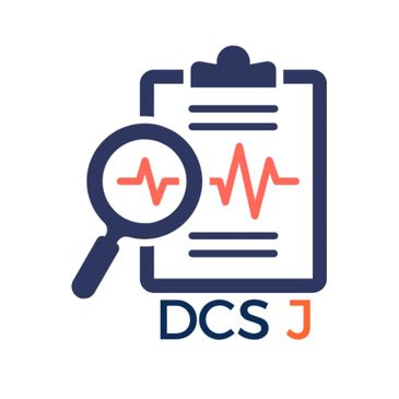 Logo featuring a clipboard and magnifying glass with heartbeat lines, labeled DCSJ.