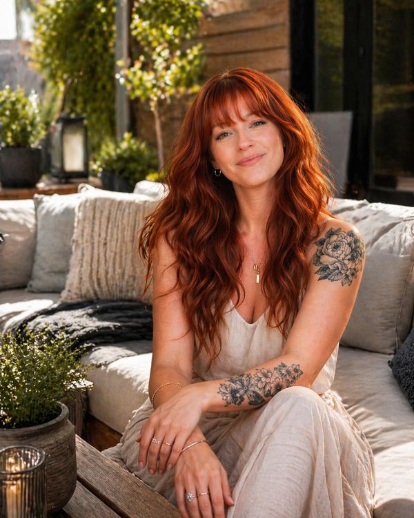 Smiling red-haired woman with floral tattoos relaxes on a cozy outdoor sofa.