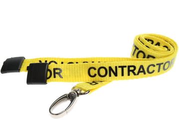 Yellow lanyard with black text reading 'CONTRACTOR' and a metal clip.