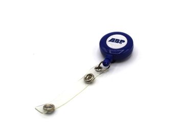 Blue retractable badge reel with clip and clear strap.