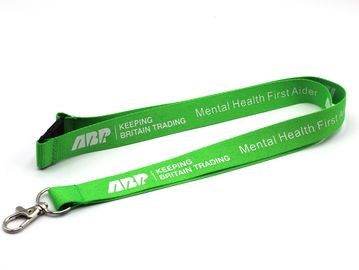 Green lanyard with Mental Health First Aider text and clip.
