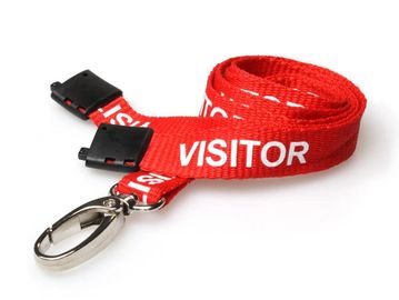 Red visitor lanyard with a metal clip and black buckle.