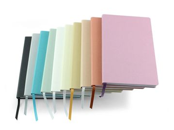 100% recycled notebook in a range of 10 contemporary pastel colours. The cover material is recycled 